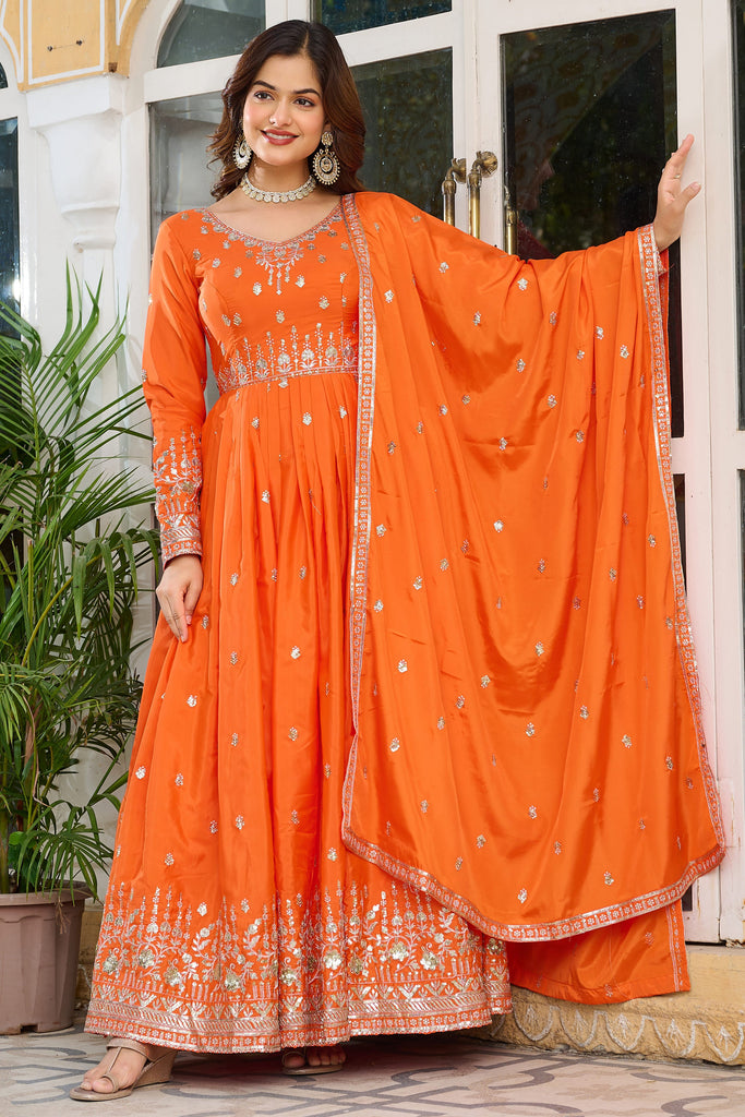 Majestic Orange Thread Embroidered Silk Festival Wear Gown With Dupatta