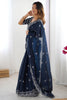 Beautiful Blue Thread Embroidery Organza Party Wear Saree With Blouse