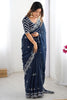 Beautiful Blue Thread Embroidery Organza Party Wear Saree With Blouse