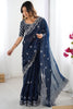 Beautiful Blue Thread Embroidery Organza Party Wear Saree With Blouse