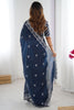Beautiful Blue Thread Embroidery Organza Party Wear Saree With Blouse