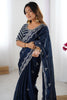 Beautiful Blue Thread Embroidery Organza Party Wear Saree With Blouse