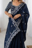 Beautiful Blue Thread Embroidery Organza Party Wear Saree With Blouse
