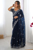 Beautiful Blue Thread Embroidery Organza Party Wear Saree With Blouse