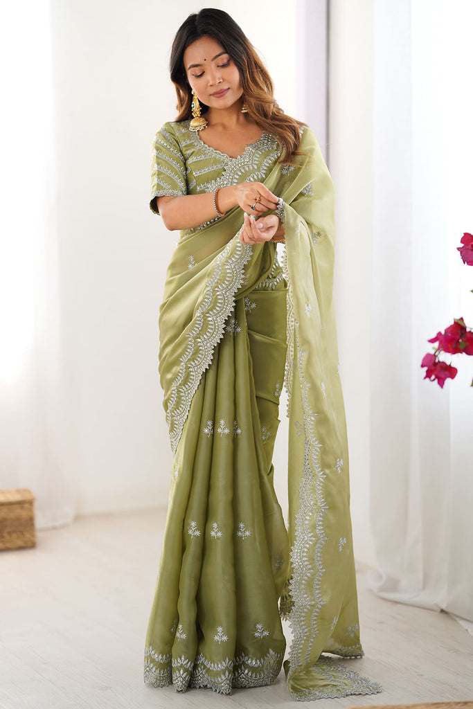 Fabulous Pista Green Thread Work Organza Event Wear Saree With Blouse