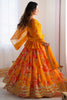 Delightful Yellow Floral Printed Georgette Crop Top Lehenga With Koti