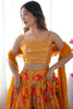 Delightful Yellow Floral Printed Georgette Crop Top Lehenga With Koti