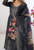 Marvelous Black Floral Print Chanderi Silk Pant Suit With Dupatta