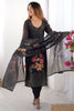 Marvelous Black Floral Print Chanderi Silk Pant Suit With Dupatta