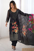 Marvelous Black Floral Print Chanderi Silk Pant Suit With Dupatta