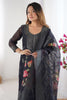Marvelous Black Floral Print Chanderi Silk Pant Suit With Dupatta