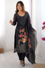 Marvelous Black Floral Print Chanderi Silk Pant Suit With Dupatta
