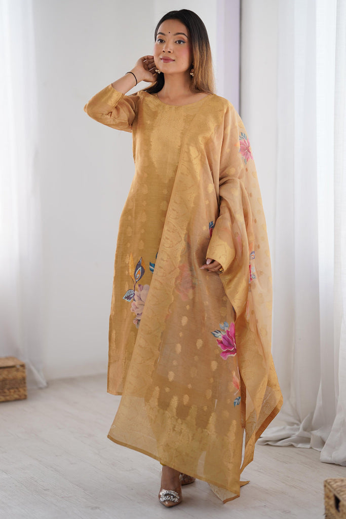 Adorable Cream Floral Print Chanderi Silk Traditional Pant Suit