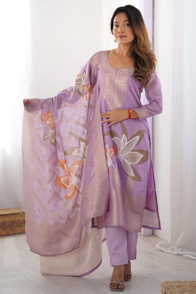 Surprising Pink Floral Print Silk Festival Wear Pant Suit With Dupatta