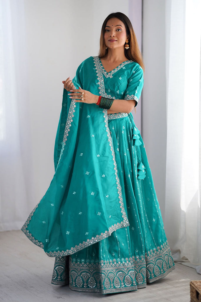 Surprising Teal Green Threads Embroidery Silk Lehenga Choli With Dupatta