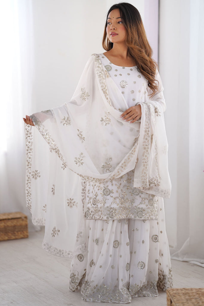 Stunning White Sequins Georgette Function Wear Sharara Suit With Dupatta