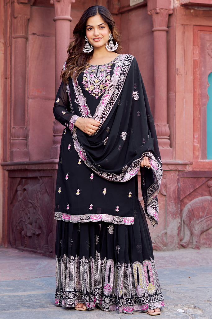 Beautiful Black Sequins Georgette Festival Wear Sharara Suit