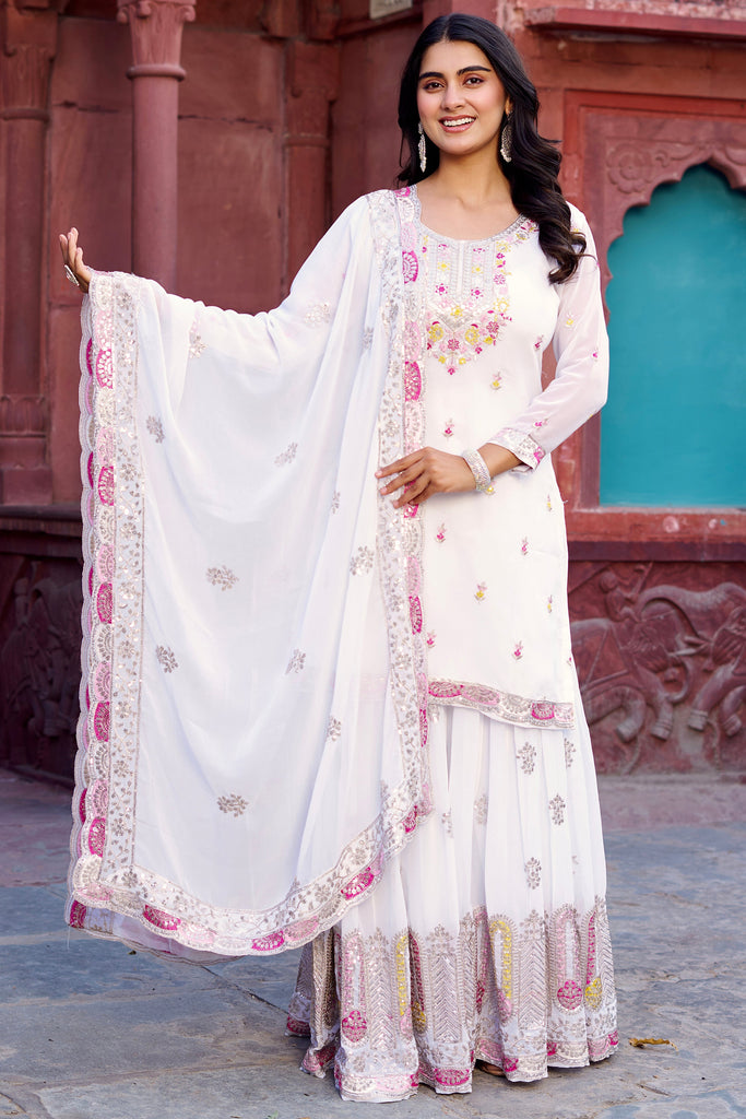 Alluring White Thread Work Georgette Eid Special Sharara Suit 