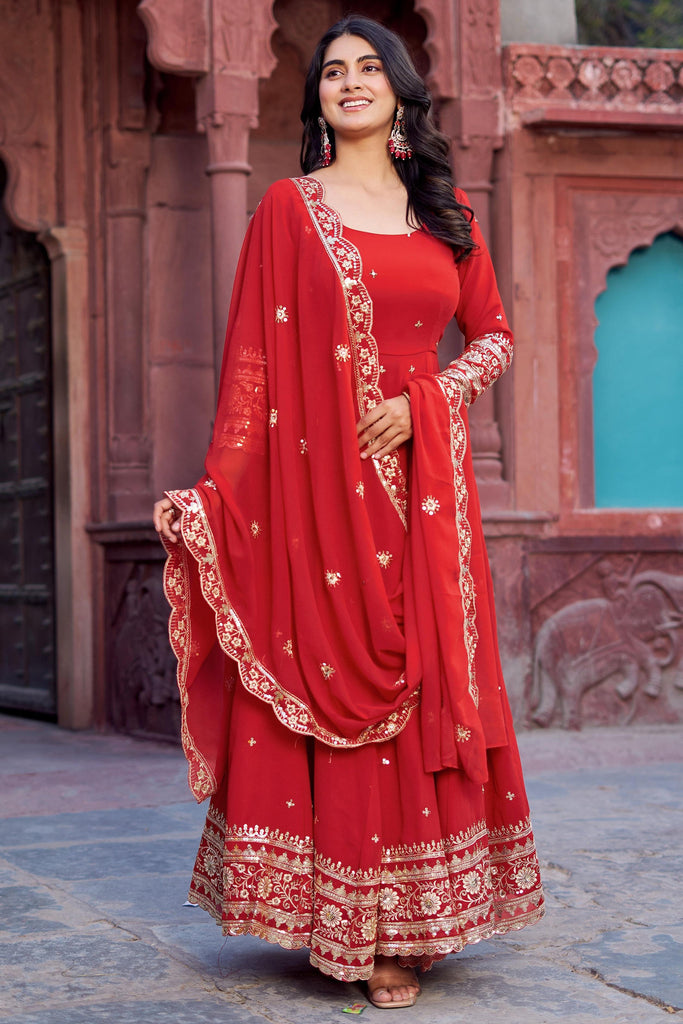Stunning Red Thread Work Georgette Traditional Gown With Dupatta