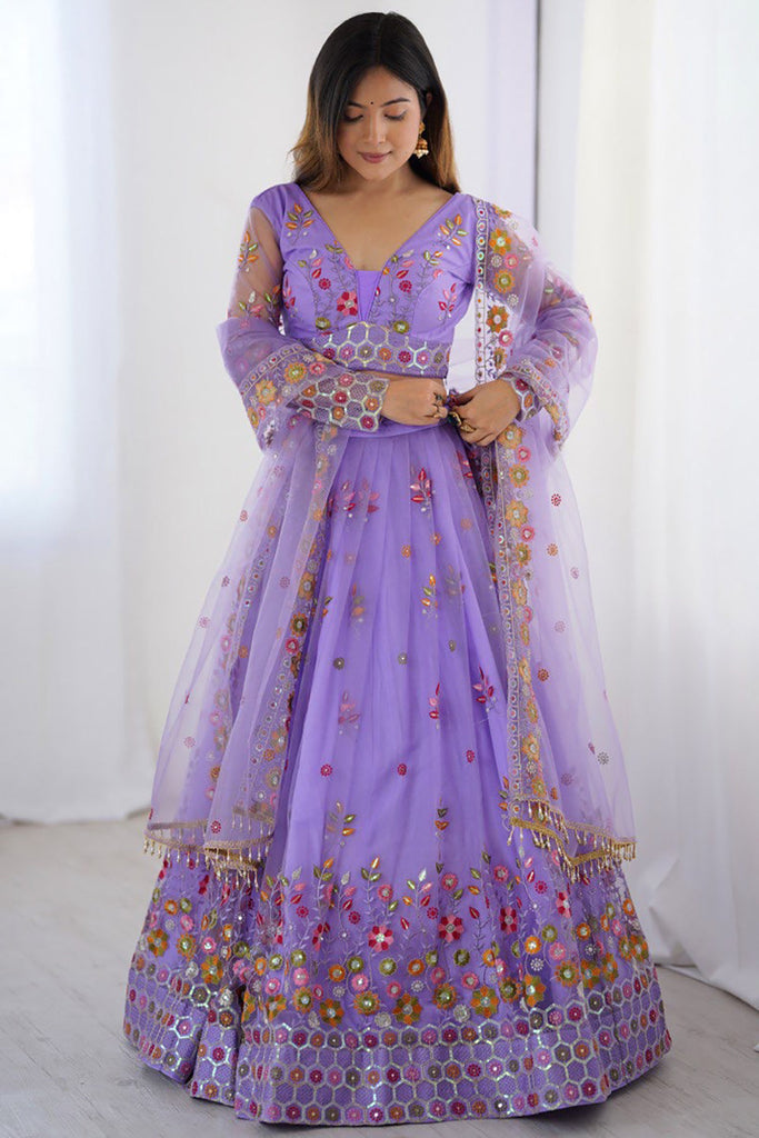Dazzling Purple Net Sequins Sangeet Wear Lehenga Choli With Dupatta