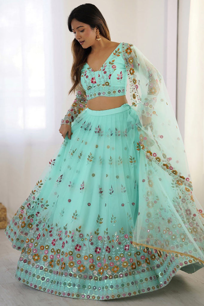 Spectacular Sky-Blue Net Sequins Wedding Lehenga Choli With Dupatta