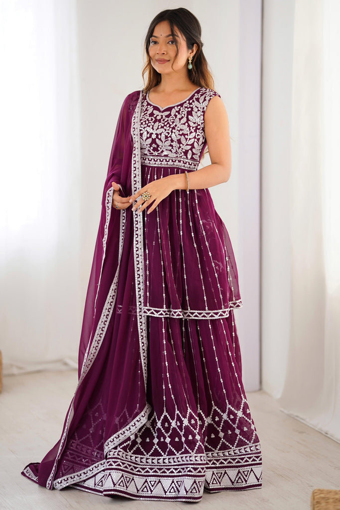 Magnetic Wine Sequins Georgette Wedding Wear Peplum Top Lehenga