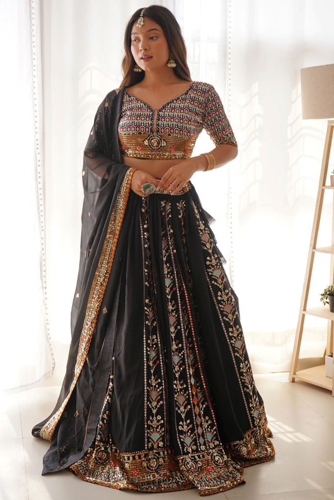 Trendy Black Sequins Georgette Wedding Lehenga Choli With Dupatta