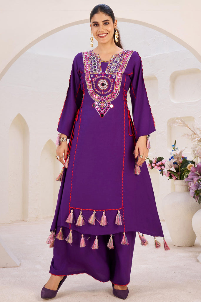Wonderful Purple Mirror Work Rayon Festival Wear Co-Ord Set