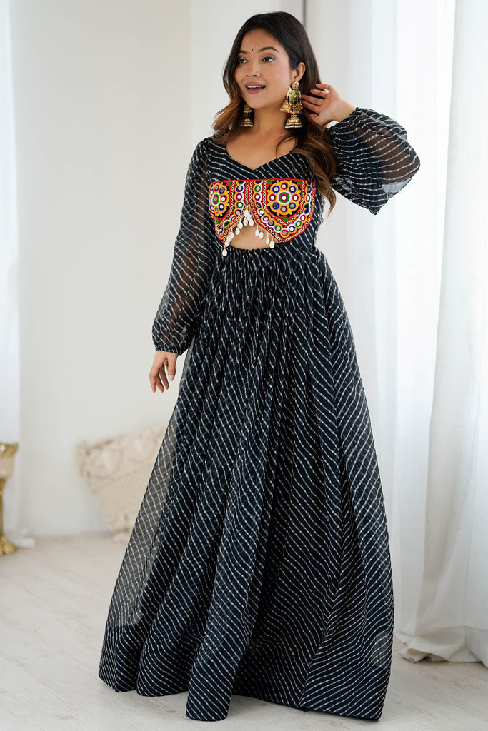 Appealing Black Laheriya Printed Georgette Navratri Wear Gown