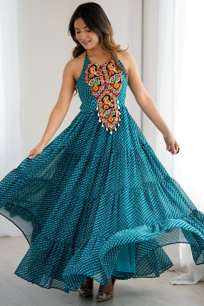 Outstanding Blue Digital Printed Georgette Navratri Wear Gown