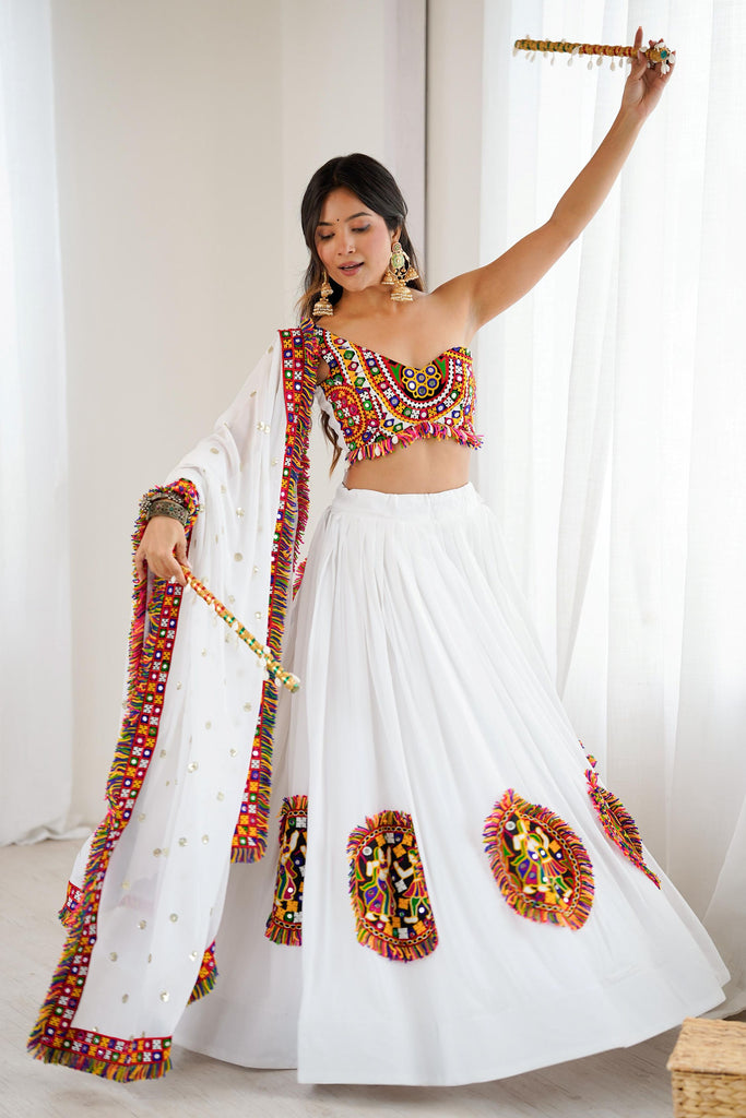 Marvelous White Gamthi Work Rayon Navratri Lehenga Choli With Dupatta