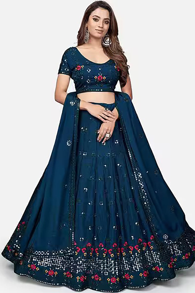 Beautiful Teal Blue Embroidered Georgette Wedding Lehenga Choli