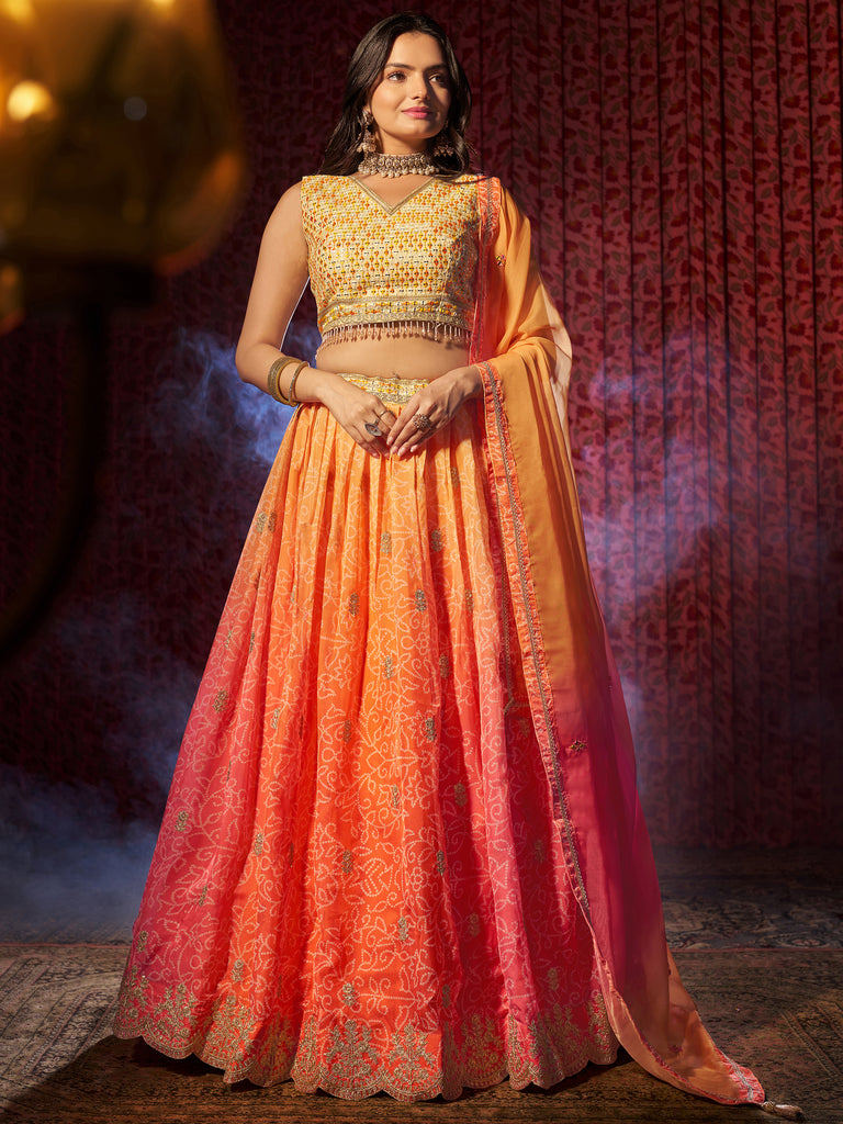 Fascinating Orange Printed Organza Lehenga Choli With Dupatta