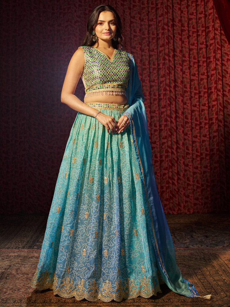 Charming Blue Printed Organza Sangeet Wear Lehenga Choli