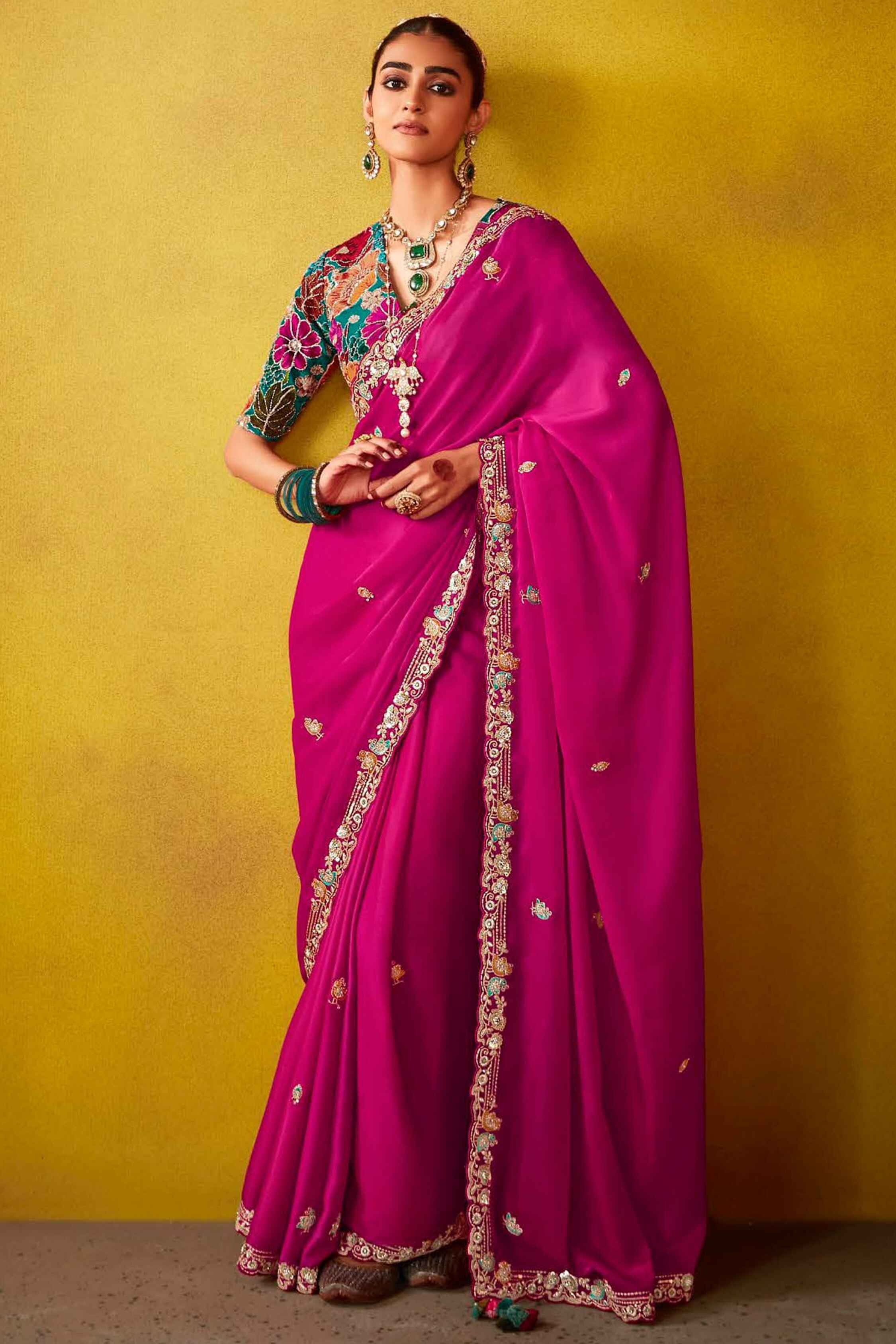 Startling Rani Pink Thread Embroidery Work Organza Wedding Wear Saree