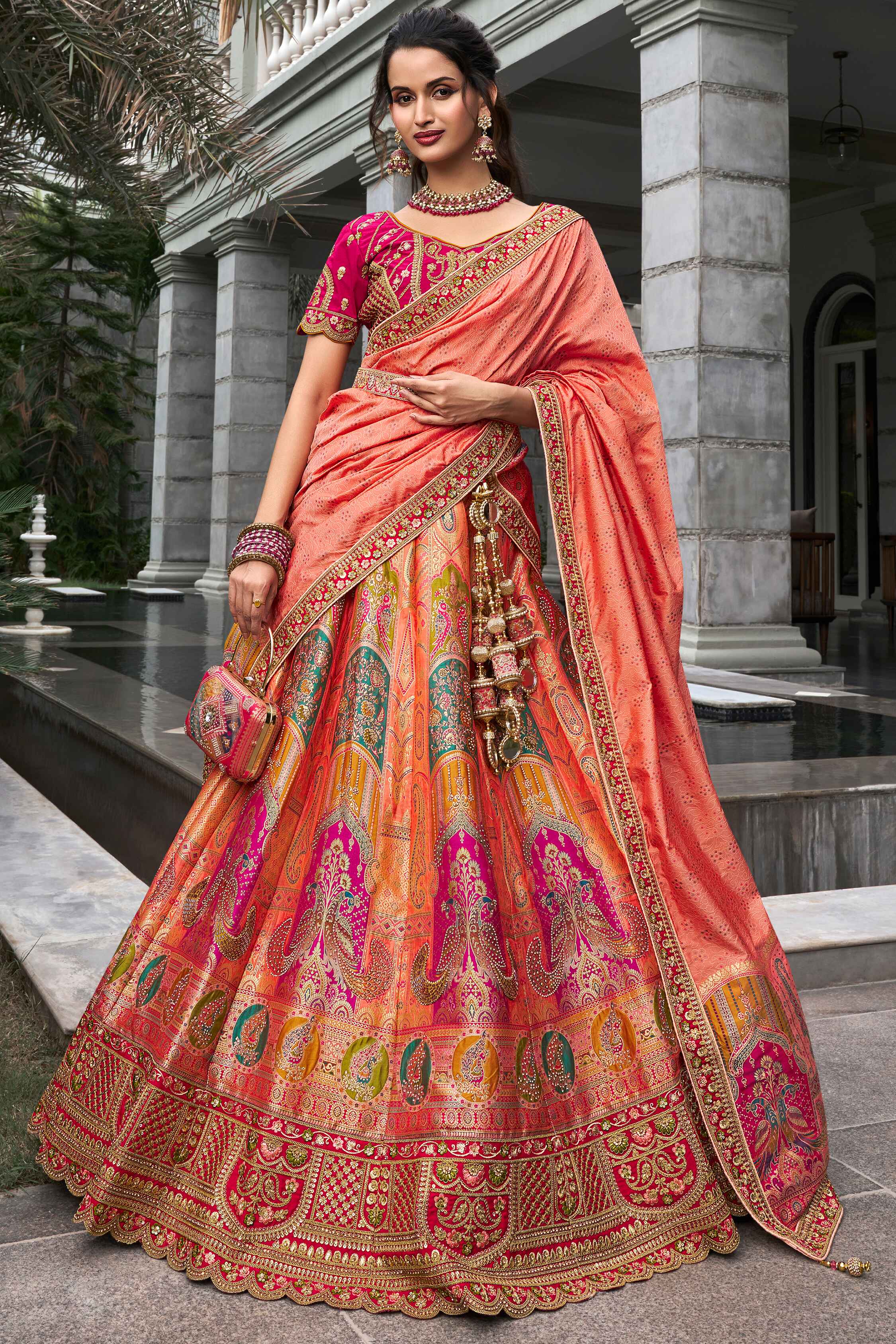 Stunning Multi Color Stone Work Banarasi Silk Wedding Lehenga Choli