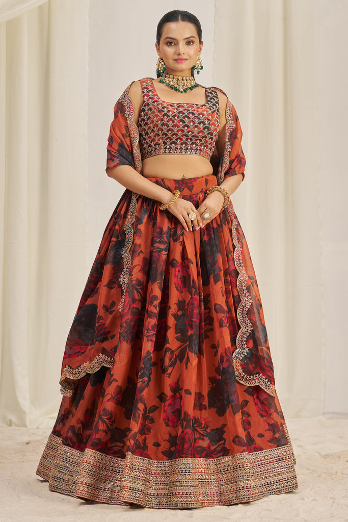 Captivating Orange Printed Organza Lehenga Choli With Dupatta