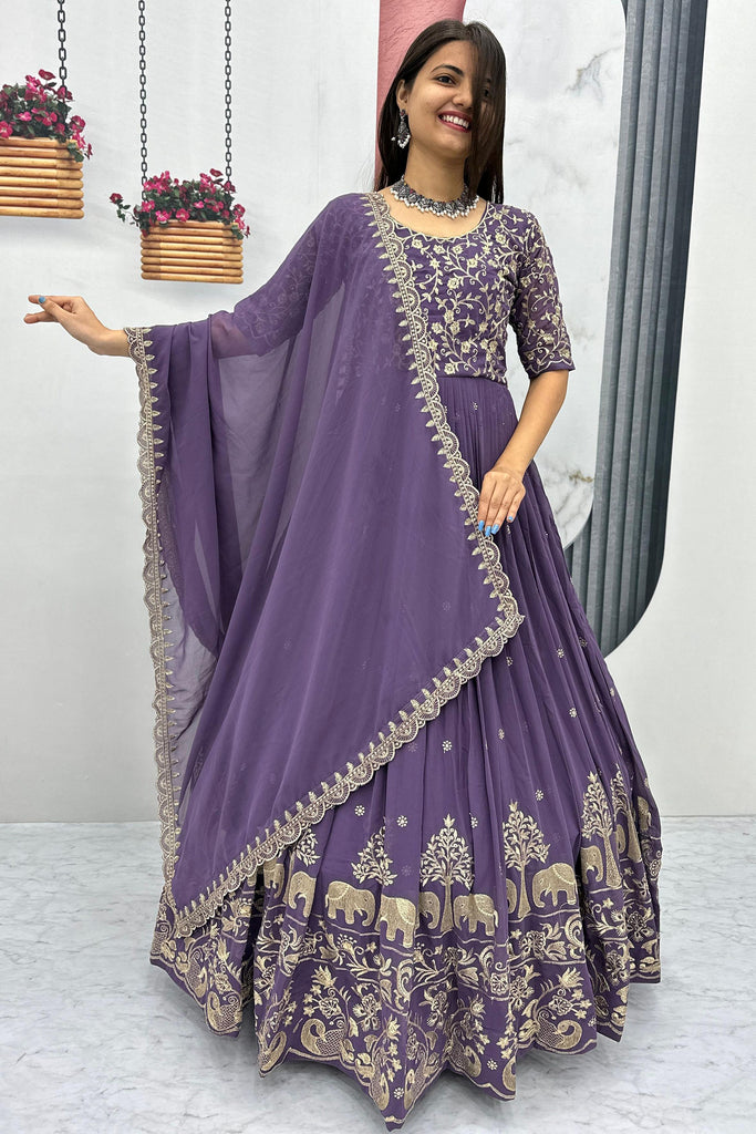 Amazing Purple Sequins Georgette Reception Wear Gown With Dupatta