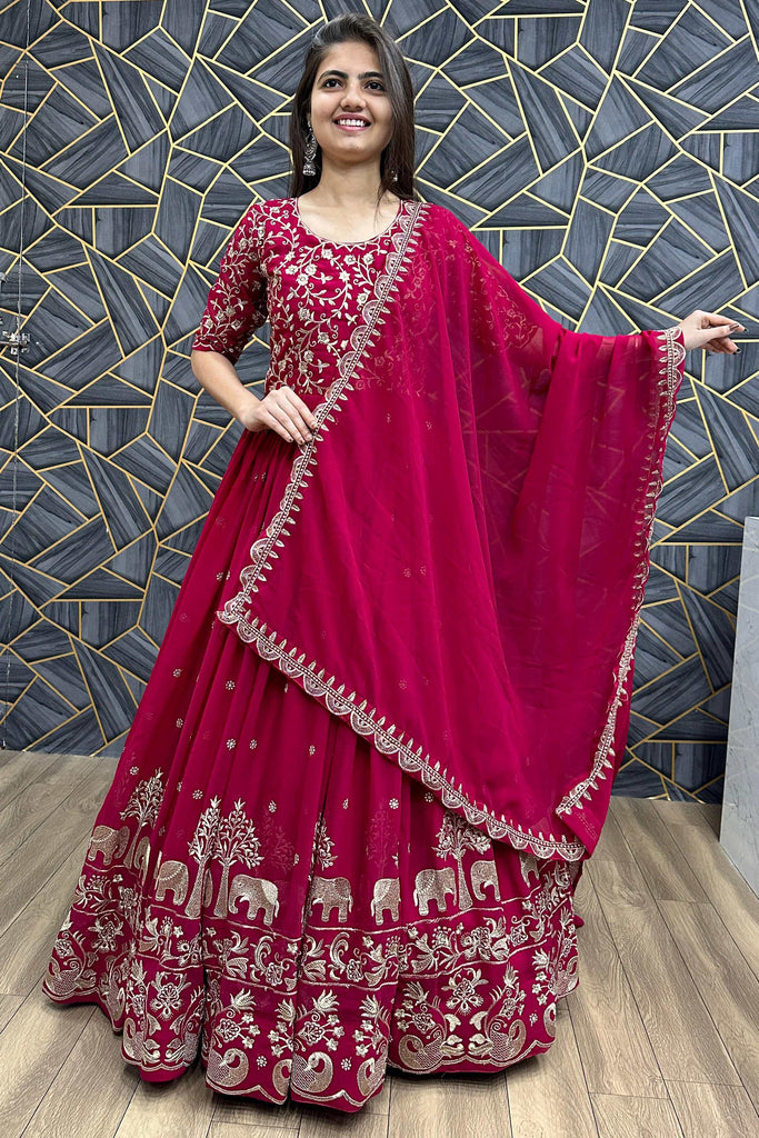 Fabulous Red Thread Work Georgette Festival Wear Gown With Dupatta