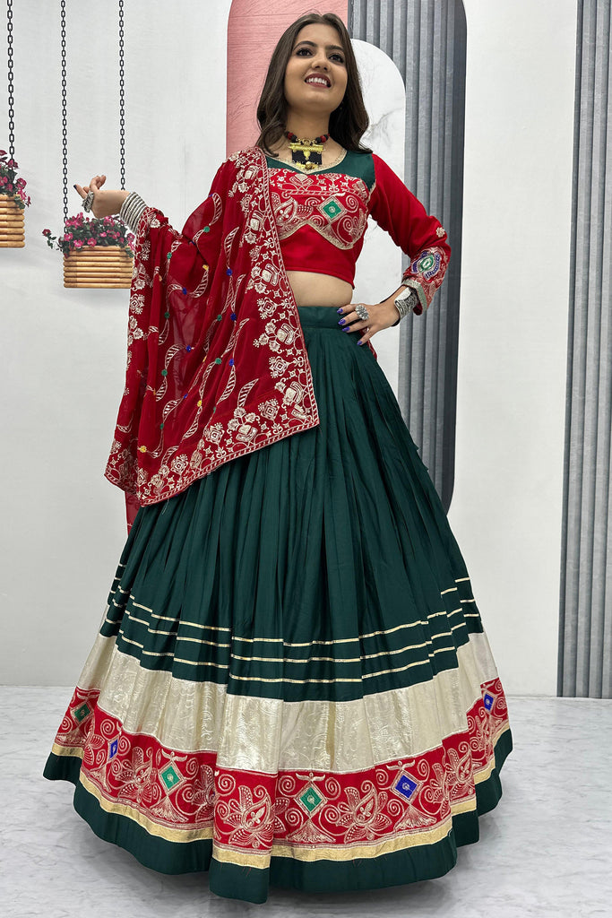 Stunning Bottle Green Thread Work Cotton Navratri Lehenga Choli
