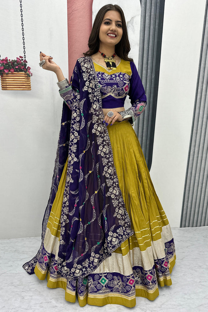Charming Mustard Yellow Embroidered Cotton Traditional Lehenga Choli