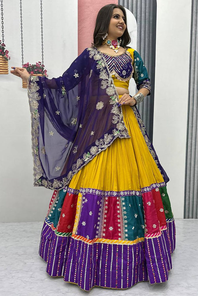 Fascinating Yellow Thread Work Cotton Navratri Lehenga Choli