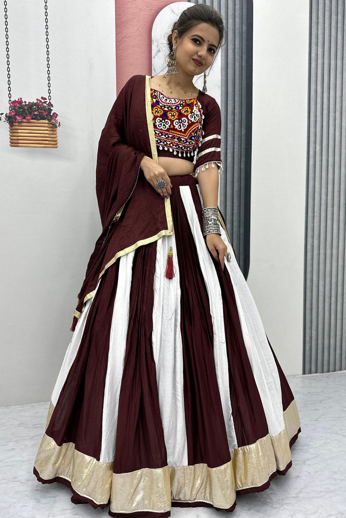 Pretty Maroon Gamthi Work Cotton Navratri Lehenga Choli With Dupatta