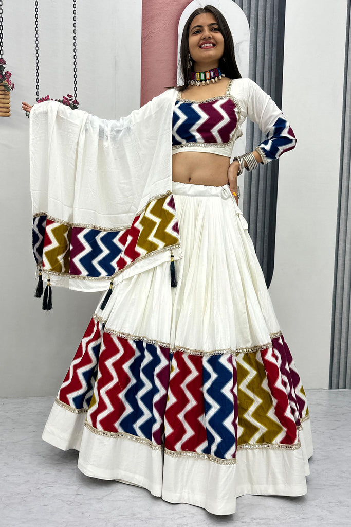 Enchanting White Printed Cotton Navratri Special Lehenga Choli With Dupatta