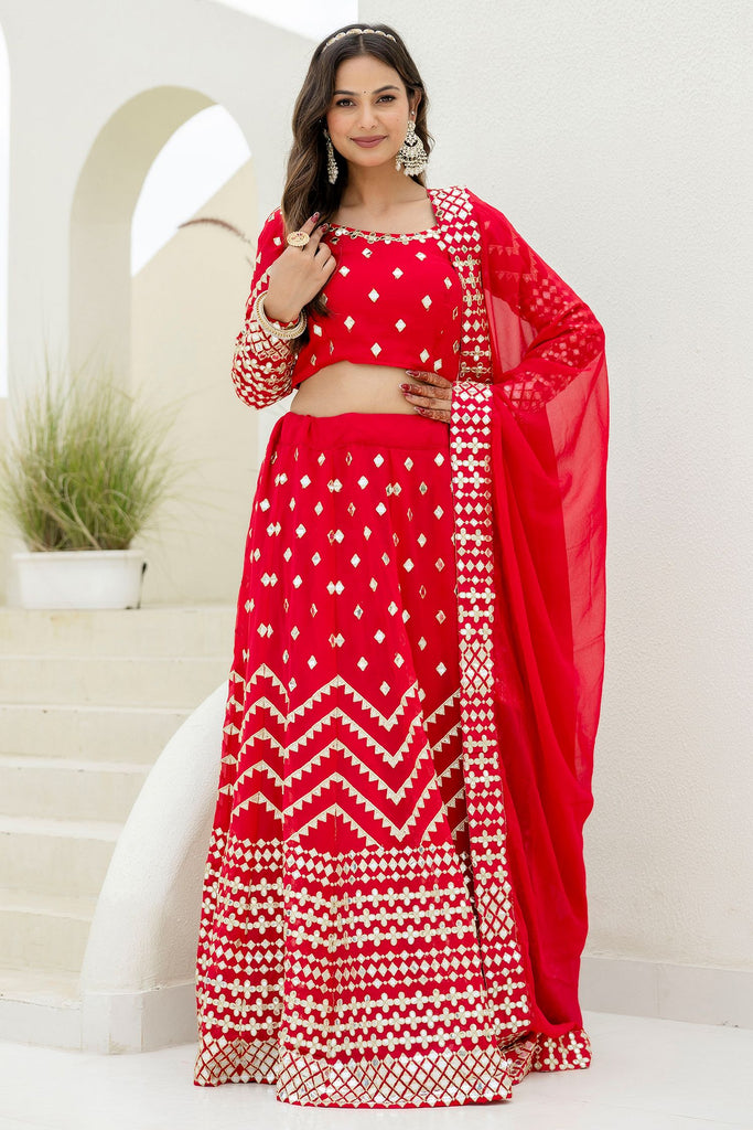 Mesmerizing Red Foil Work Georgette Wedding Lehenga Choli With Dupatta