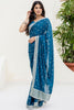 Stylish Aqua Blue Sequins Chinon Reception Wear Saree With Blouse