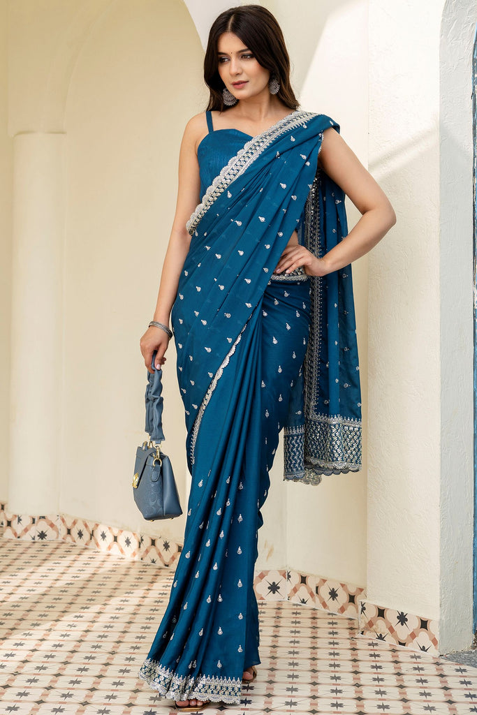 Stylish Aqua Blue Sequins Chinon Reception Wear Saree With Blouse