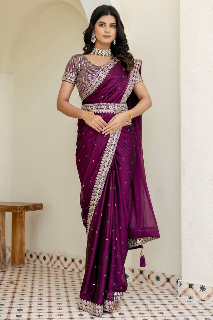 Graceful Wine Sequins Silk  Work Engagement Wear Saree With Blouse