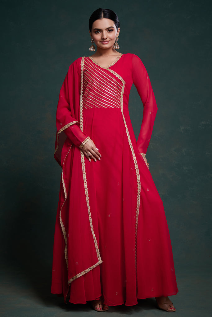 Captivating Red Lace Work Georgette Festival Wear Gown With Dupatta