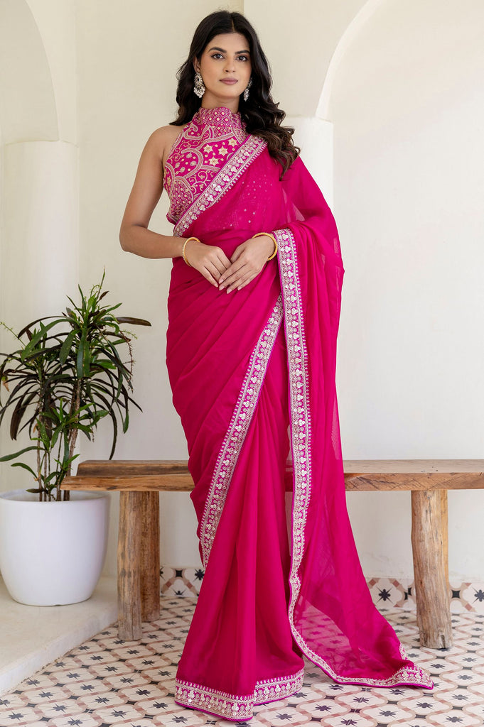 Adorable Rani Pink Sequins Silk Reception Wear Saree With Blouse